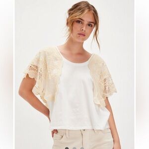 Free People Evangeline Tee White and Cream Lace Overlay Top Sold Out Large NWT